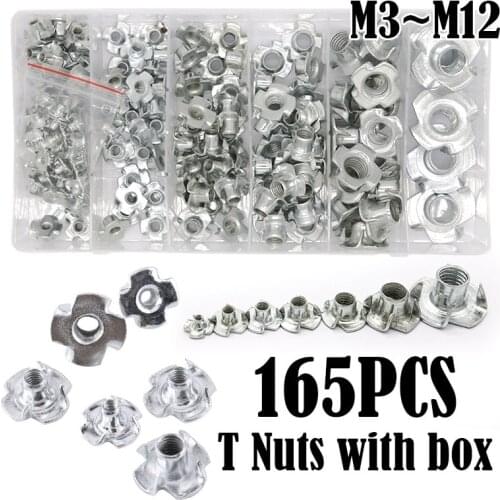 165 pcs Carbon Steel Four Pronged T Nuts M3/M4/M5/M6/M8/M10/M12 Blind Inserts Nut For Wood Furniture