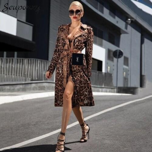 High Quality 2021 WomenS Retro Leopard Print Patent Leather Washed Elegant Windbreaker Sexy Lapel Long Sleeve Belted Slim Coat