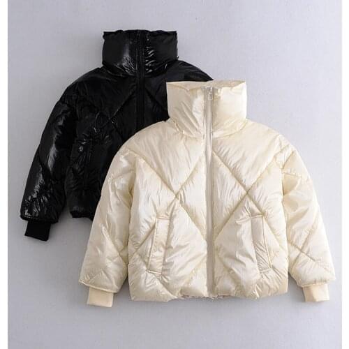 Womens Winter Oversize Parkas Thick Zipper Cotton-padded Coat Blouse Short Warm Fashion Style Shiny Fabric