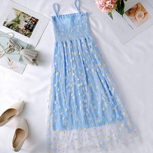 Zoki Blue Elegant Camis Women Dress Print Little Daisy Mesh Sweet High Waist Casual Slim Female Korean Summer Fashion New 2021