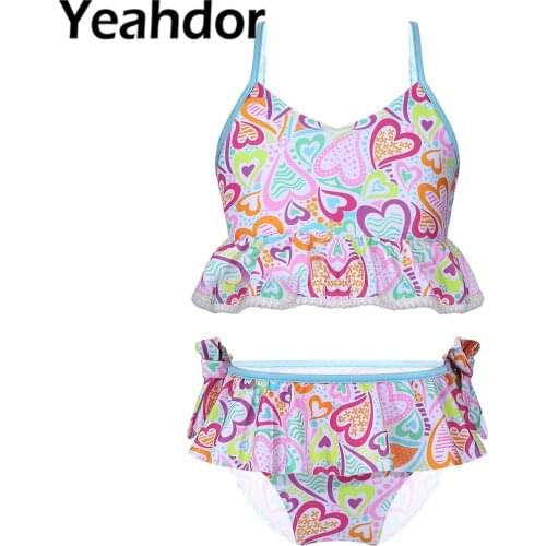 2Pcs Kids Girls Print Swimsuit Swimwear Adjustable Shoulder Strap V Neck Ruffle Crop Top Bikini Bottom Set for Beach Pool