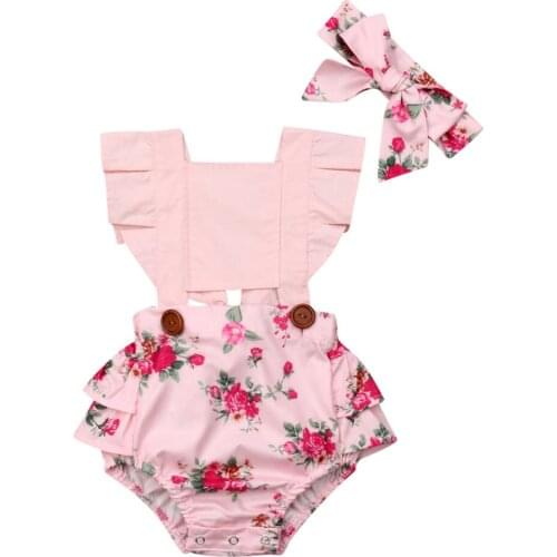 Infant Baby Girl 0-24M Bodysuits Ruffles Short Sleeve Floral Print Princess Bodysuit Headband Clothes Outfits 2pcs