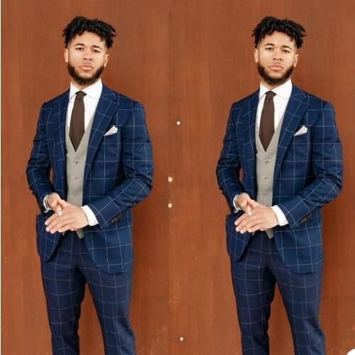 Classic Plaid Tailored Men Business Tuxedos Mens 2 Pieces Check Pant Suit Prom Party Wedding Suits Outfit (Jacket+Pants)