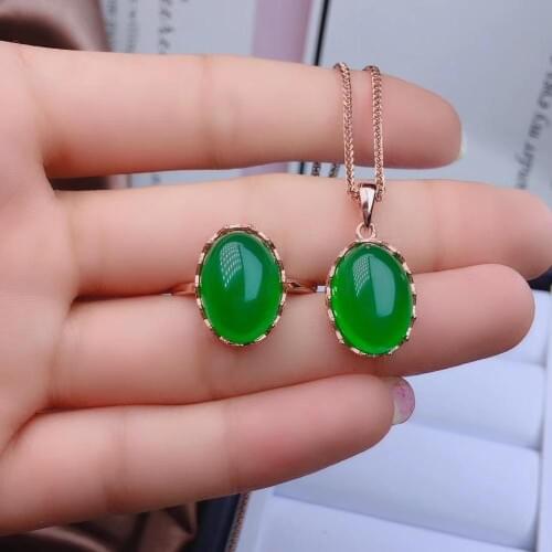 Classic green chalcedony gemstone ring and necklace jewelry set with silver jewelry