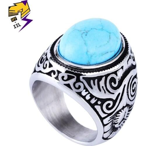 Bohemia Blue Oval Stone Ring Men Retro Stainless Steel Carved Flower Stone Rings Women Fashion Costume Jewelry