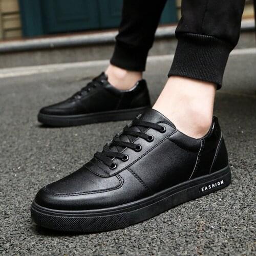 Casual leather shoes waterproof non-slip shoes all black work to work black shoes men spring