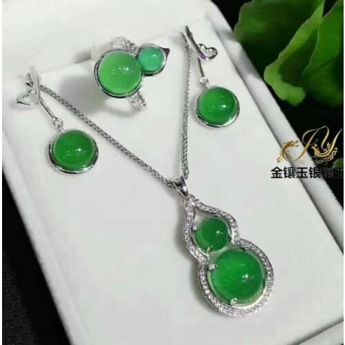 S925 silver inlaid diamond Icesun green chalcedony three piece jewelry pendant earrings with green jade gourd