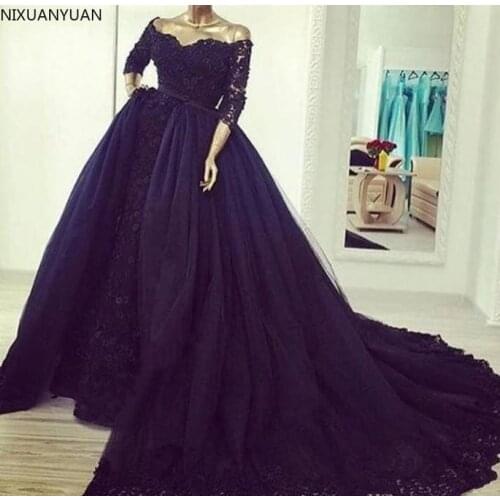 Navy Blue Evening Dresses with Detachable Train Half Sleeves Prom Dress Off Shoulder Formal Plus Size Party Gowns