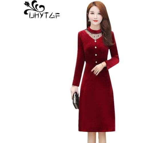 UHYTGF Fashion Gold velvet elegant dress long sleeve spring autumn dress woman single breasted pullover 5XL Plus size dress 1025