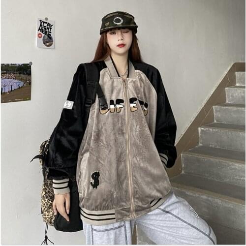 New autumn letter embroidery loose velvet baseball jacket women