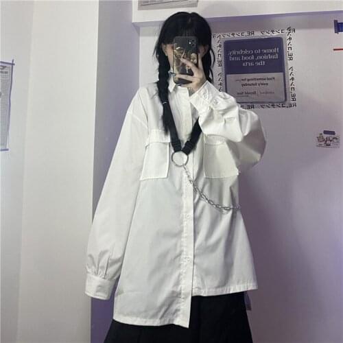 Street Style Techwear Long Sleeve Shirt With Ribbon Chain Spring Women White Black Harajuku Korean Fashion Oversize Blouses