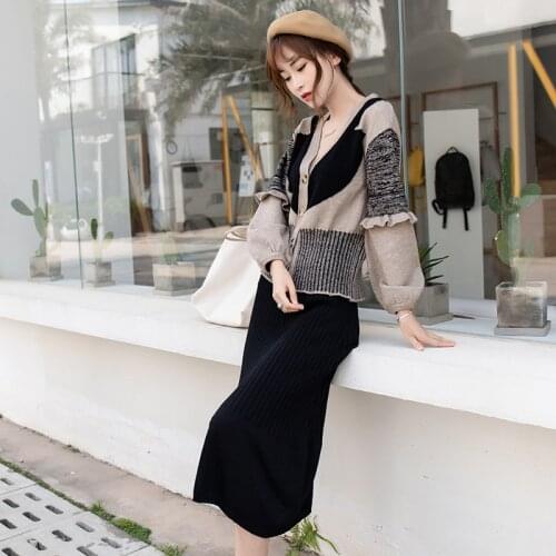 Womens suit 2 sets of womens new temperament sweater suit skirt long-sleeved sweater bottoming skirt knit top two-piece