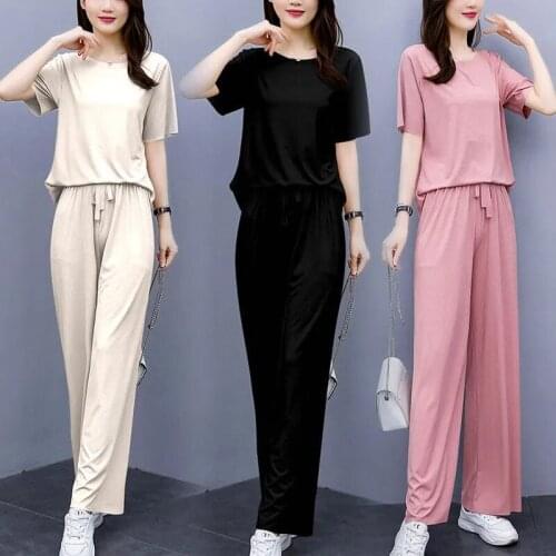 Summer Two Piece Ice Silk Sets Womens Fashion Slim Sports Sets Suits Women Short Sleeve Tops & Wide Leg Pants Sets Sportswear