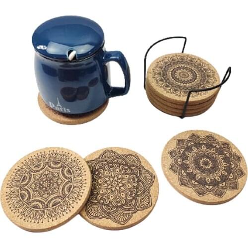 1 Set of 8PCS Creative Nordic Mandala Design Round Shape Wooden Coasters with Rack(1*Rack and 8 Coasters)