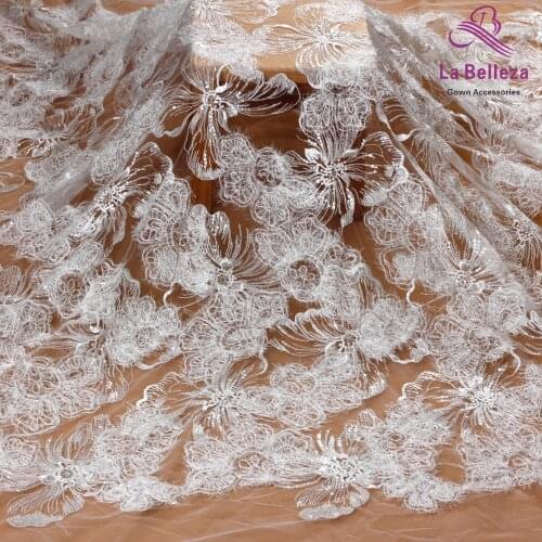 1 yard off white bridal fabric polyester clear sequins embroidery wedding dress lace fabric