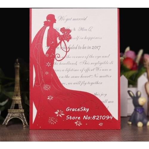 50pcs free shipping Laser cut Elegance Princess Bride paper Wedding invitation cards with Personalized text Wedding RSVP cards