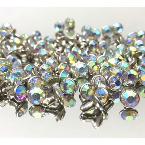 6MM 50Sets CZ++ White Clear AB Crystal AB Plated Rivets Silver Plated Studs Assorted Cabochon Rivets Fit for Leather-Craft