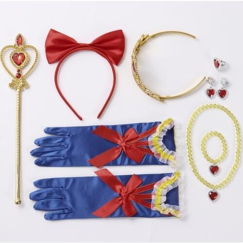 8Pcs Princess Cosplay Imitation Diamond Crown Magic Wand Gloves Hair Hoop Necklace Ring Earrings Bracelet Clothing Accessories