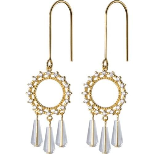 Bohemia 100% Real. 925 Sterling Silver Fine Jewelry cz Circle &Bar Piercing ear Hook earrings Tassel Dangle C-G3057