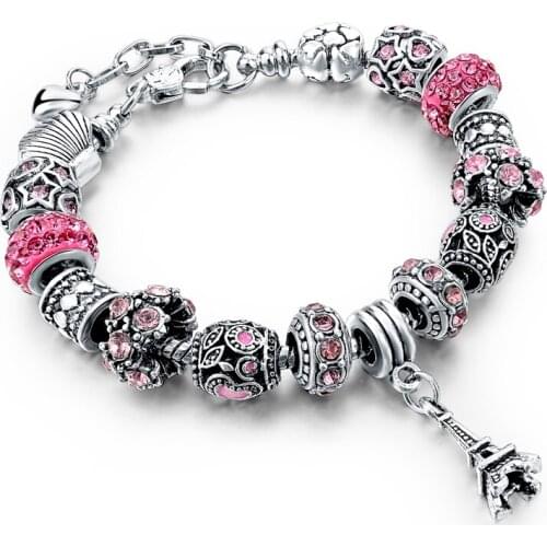 MELIHE Eiffel Tower Charm Bracelets Bangles 2019 Pink Crystal Bracelet For Women Diy Jewelry Female Sbr150309