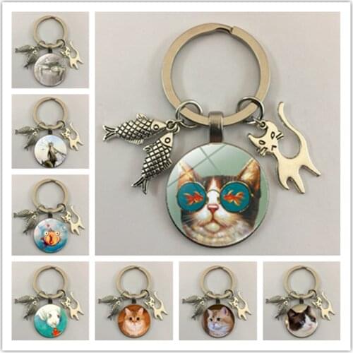 Cat and fish crystal keychain jewelry charm glass cabochon cute moving keychain pendant