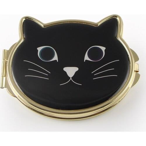 Black Cat Face Two-color Eyes Compact Mirror Gold Metal Dual Side Makeup Mirror for Wedding Gift Small Trail Order #18578