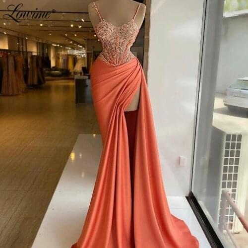 Beaded Spaghetti Straps Long Prom Dresses High Split Sexy Evening Gowns 2021 Customized Arabic Party Dress Vestidos De Fiesta