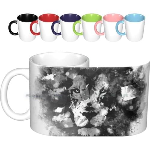 Night Lion V Ceramic Mugs Coffee Cups Milk Tea Mug Lion Wolf Dog Animal Face Portait Water Colour Smoke Paint Splash Brush The