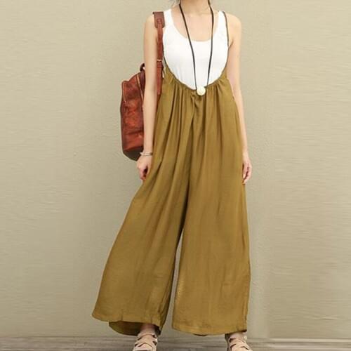 Plus Size 2018 Women Cotton Linen Overalls Wide Leg Pants Vocation Dungarees Casual Jumpsuits Long Trousers S-5XL Rompers