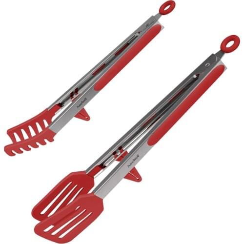 Kitchen Cooking Tongs 12 / 9 inch turner Heat Resistant Stainless Steel with Silicone Stand Design For Salad Pasta Steak