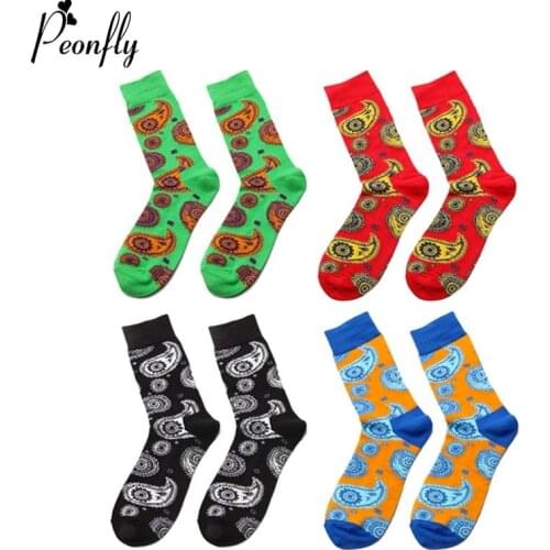 Peonfly Winter New Men Novelty Colorful Cartoon Cashew Flower Pattern Cotton High Quality Fashion Hip Hop Skateboard Socks