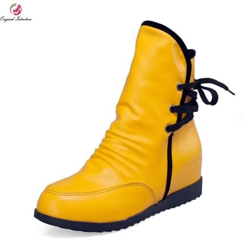 Original Intention Fashion Women Ankle Boots Popular Round Toe Wedges Boots Black White Yellow Red Shoes Woman US Size 4-10.5