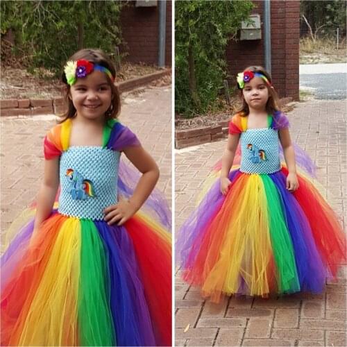 Rainbow Tutu Dress Girls Crochet Tulle Dress Ball Gown with Flower Headband Children Wedding Party Cartoon Cosplay Costume Dress