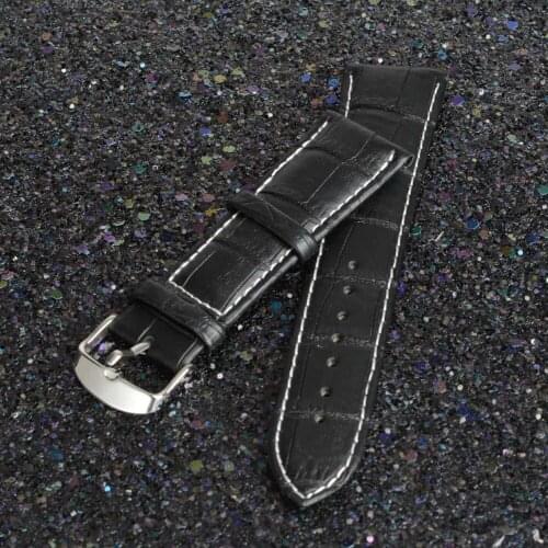 14mm Durable Black Soft Genuine Leather Watch Band Strap White Stitching Grain Calf Watchband