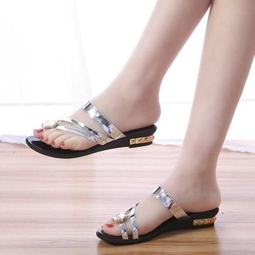 Flip Flops Wedge Women Slides Rhinestone Shoes Woman Slippers for Female Shoes Summer Sandals Low Heel Mules Wedge Flip Slipper