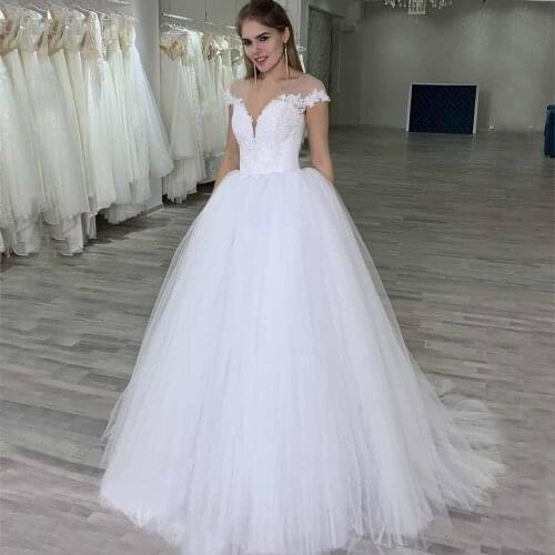 Short Sleeve Tulle Wedding Dress O Neck Bridal Dresses Lace Appliques Wedding Gown Vestido De Noiva 2020 Floor Length