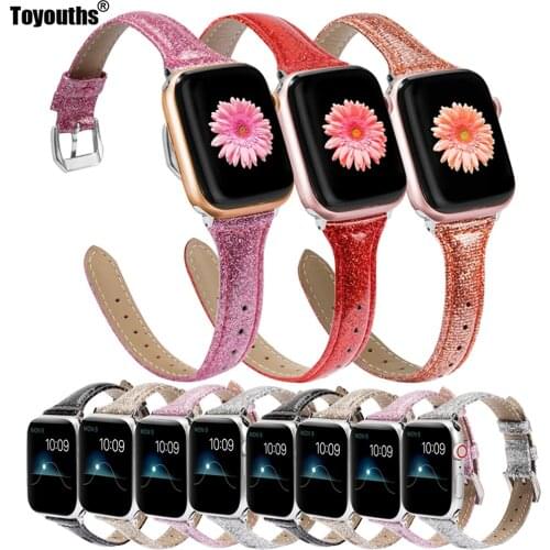 Thin Glitter Leather For Apple Watch Bands 40mm 44mm Women for iWatch Slim Wristband Glistening Strap For Series 4 3 2 1 Edition