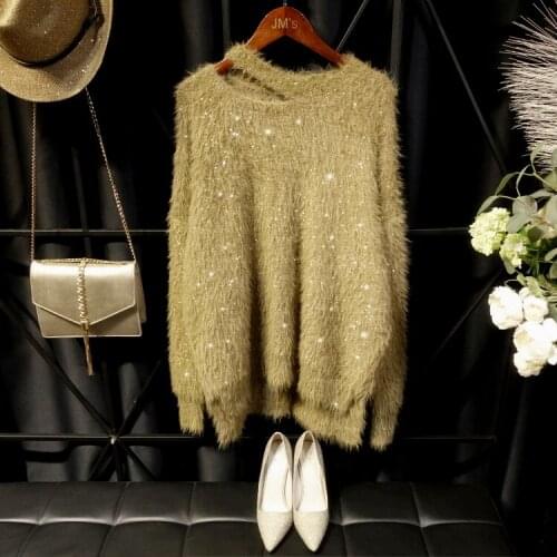 Womens autumn winter shiny yarn knitted thicken warm sweater Female long sleeve casual loose blingbling chic pullover TB1065