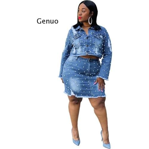 Denim Skirt Bead Womens Plus Size Two Piece Sets Long Sleeve Coat and Bag Hips Skirt Casual Outfits Wholesale Mini Dress Outfit