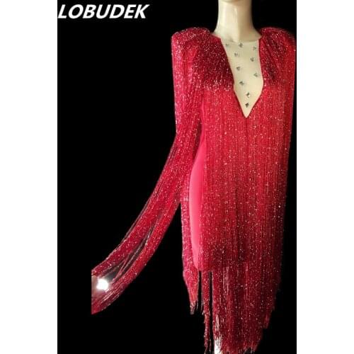 Women Singer Bar Nightclub Costume Red Green Crystals Long Tassels Dress Host Stage Performance Wear Dance Show Fringes Dress