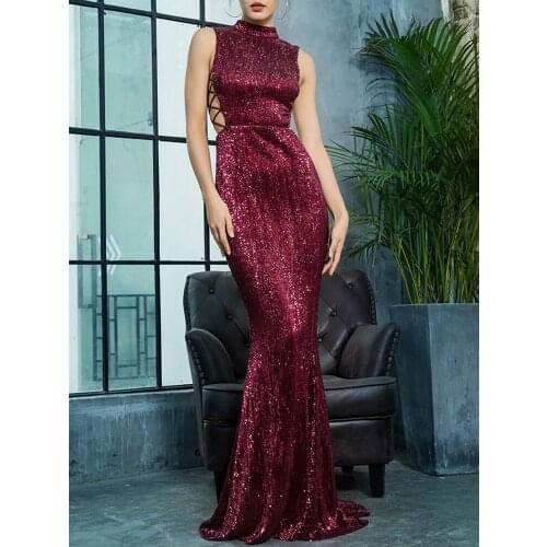 Women Sequined Mermaid Party Club Summer Maxi Dress Sexy Turtleneck Hollow Out Lace Up Bodycon Slim Glitter Dresses Vestidos