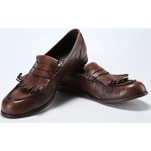 Winter top grade Retro Italian Loafers Handmade Genuine Leather Men Shoes Slip on Casual shoes