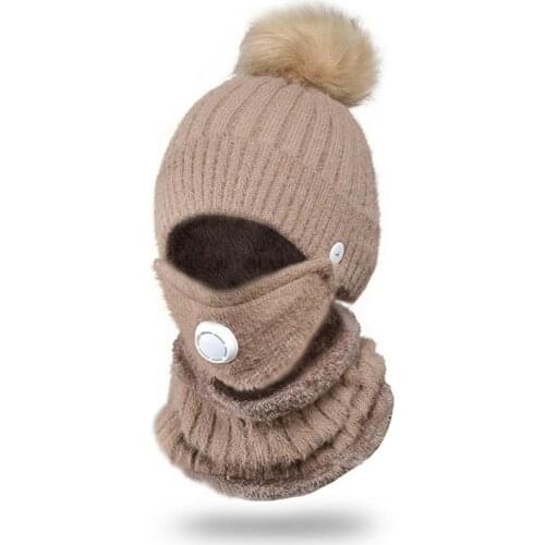Winter Warm Women Knitted Beanie Cap Pompon Hat Scarf Neckerchief Face Cover Set