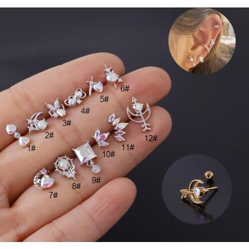 1 PCS Cute Small Star Heart CZ Ear Cartilage Stud Cuff Earring Trendy Geometric Color Zircon Ear Helix Piercing Jewelry