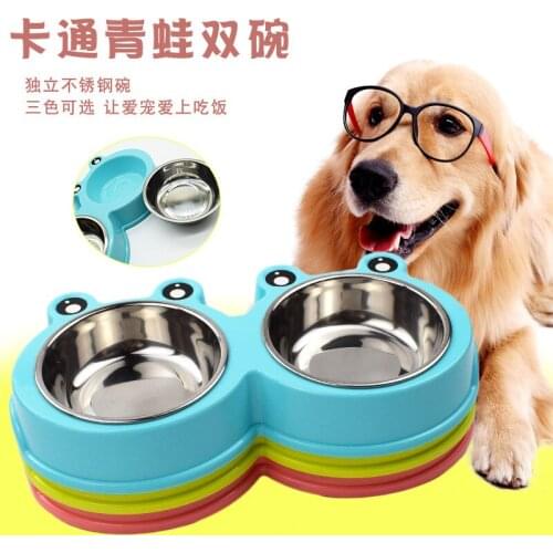 28*15*4.5 Round Cartoon Frog Double Bowl High-Grade Non-Slip Food Bowl New Environmental Plastic Dog Bowl Bowl