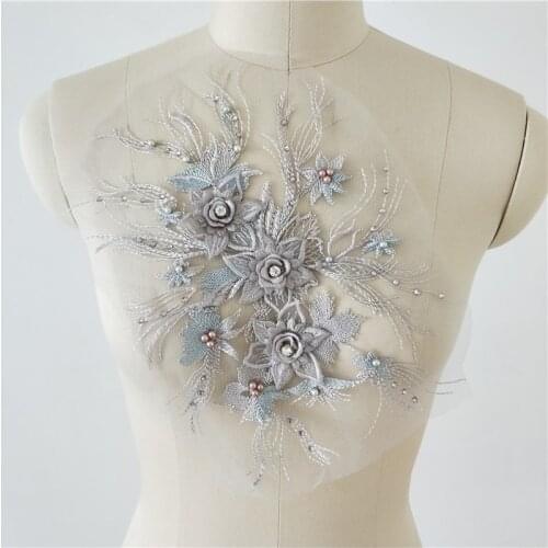 3D Handmake Beads Wedding Dress 3D Applique DIY Bridal Headdress Ivory Lace Collar Lace Fabric Patch