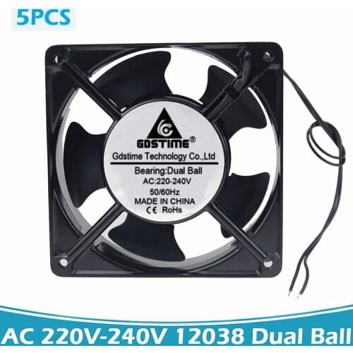5pcs Gdstime AC 220V 240V 12CM 120mm 120x38mm Ball Bearing Cooling Metal Industrial Fan 2Wires