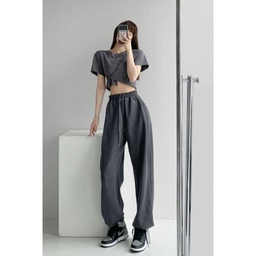 High-waist Sweatpants Women Streetwear Drawstring Oversized Elastic Waist Wide-Leg Summer Thin Gray Loose Baggy Sports Pants
