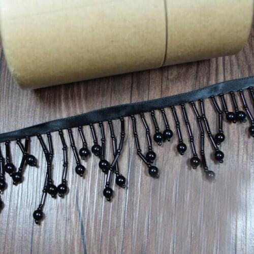 2yards Handmade Beaded Black Imitation Pearl Tassel Lace Trim Lace Ribbon DIY Dress Hem Clothes Decorative Sewing Accessories