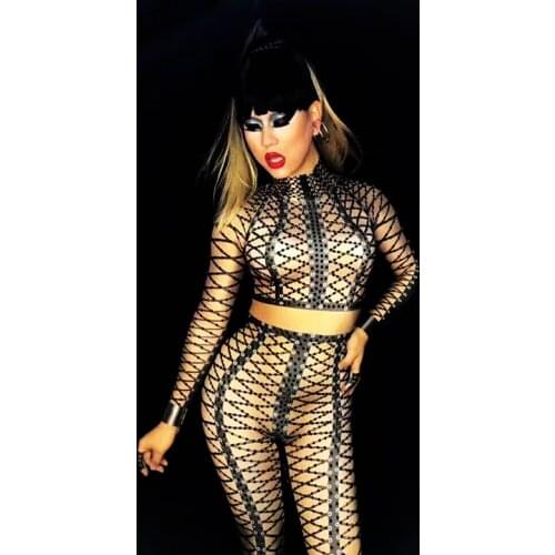 Black print mesh band elastic jumpsuit bar nightclub concert singer dancer costume